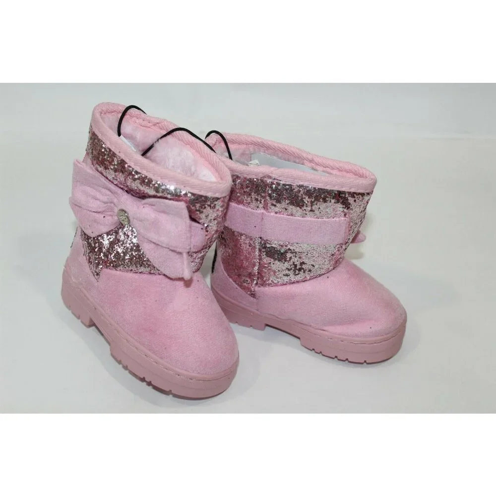 Toddler Girls Winter Boots Pink Faux Suede with Glitter & Bow Size 5